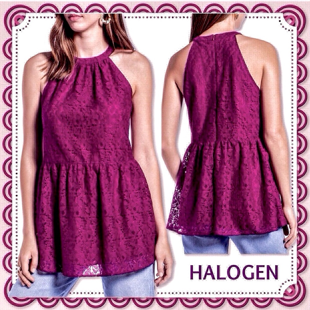 🆕 HALOGEN Purple Embroidered Lace Sleeveless Halter-Look Peplum Tunic Top NWT
